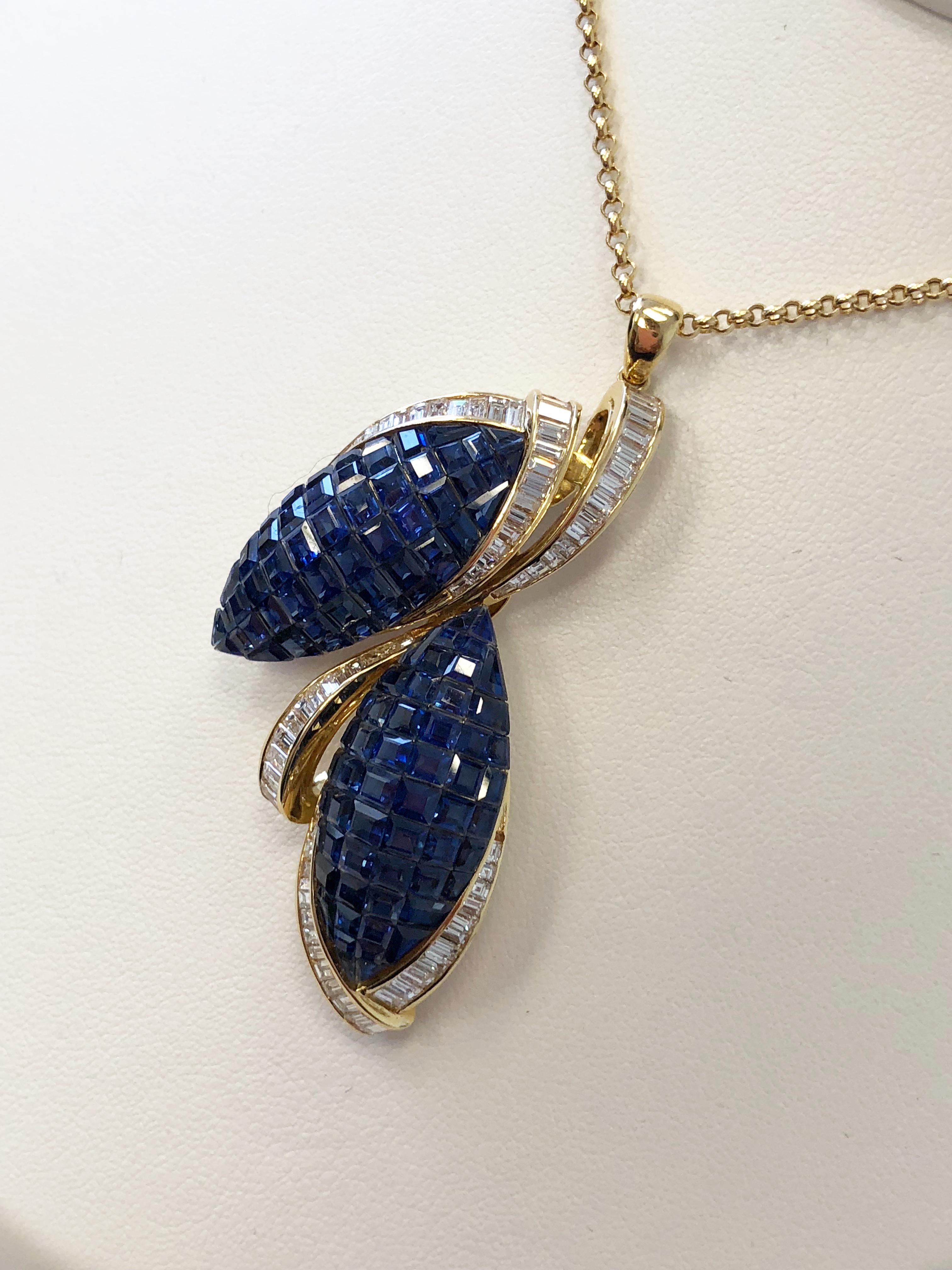 Blue Sapphire Square and Diamond Baguette Double Leaf Necklace In New Condition In Los Angeles, CA