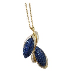 Blue Sapphire Square and Diamond Baguette Double Leaf Necklace