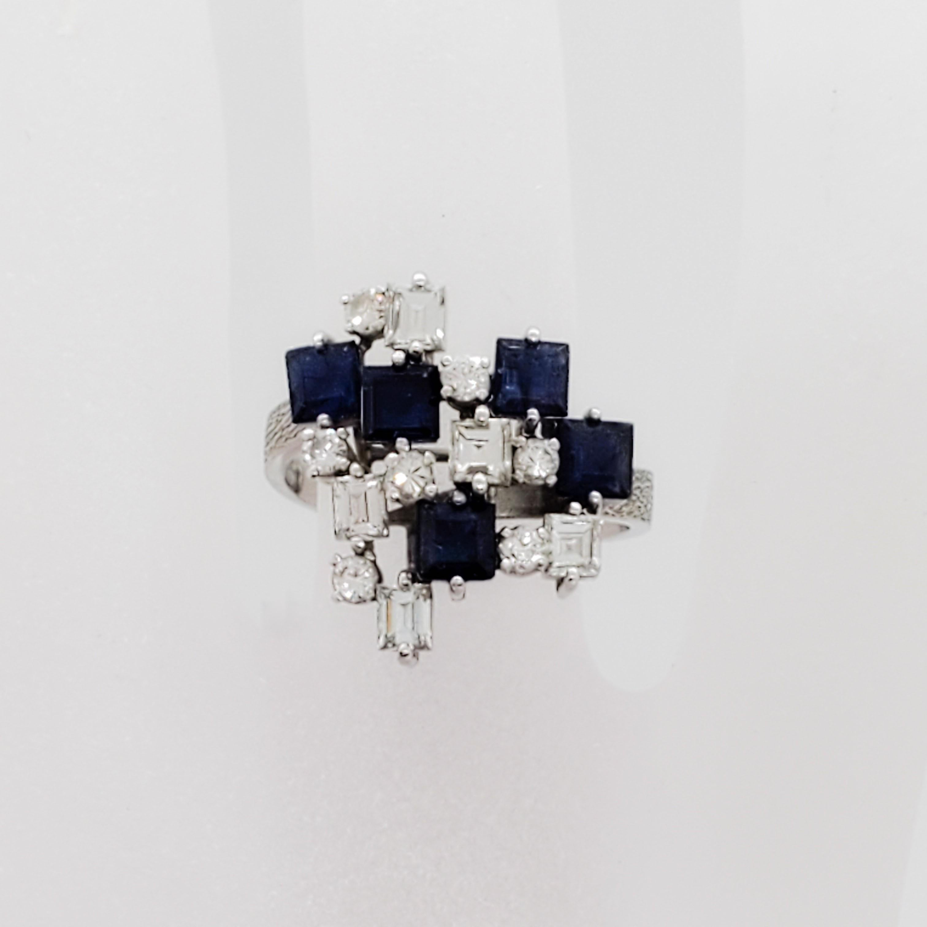 Square Cut Blue Sapphire Square and White Diamond Round Fashion Ring in Platinum