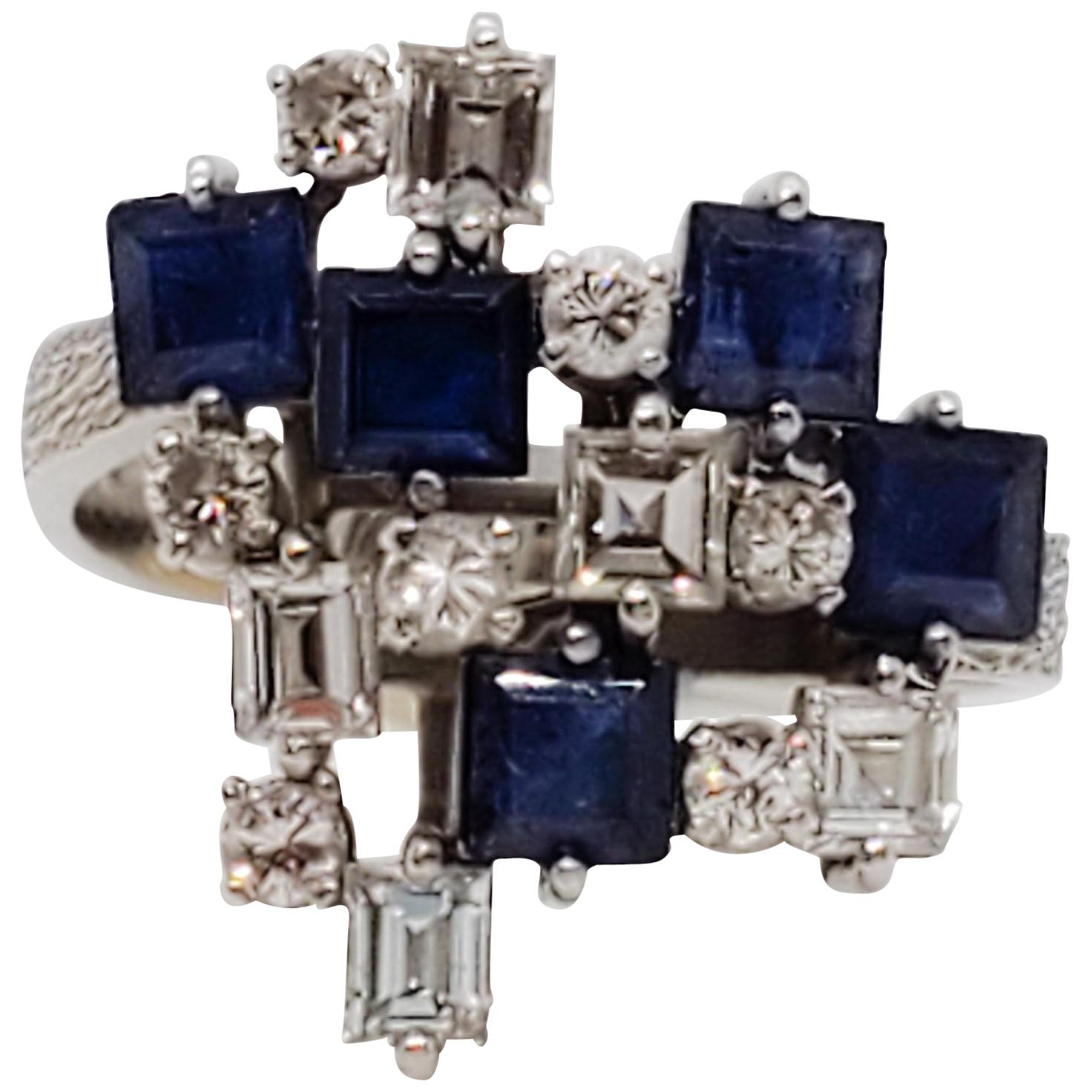 Blue Sapphire Square and White Diamond Round Fashion Ring in Platinum