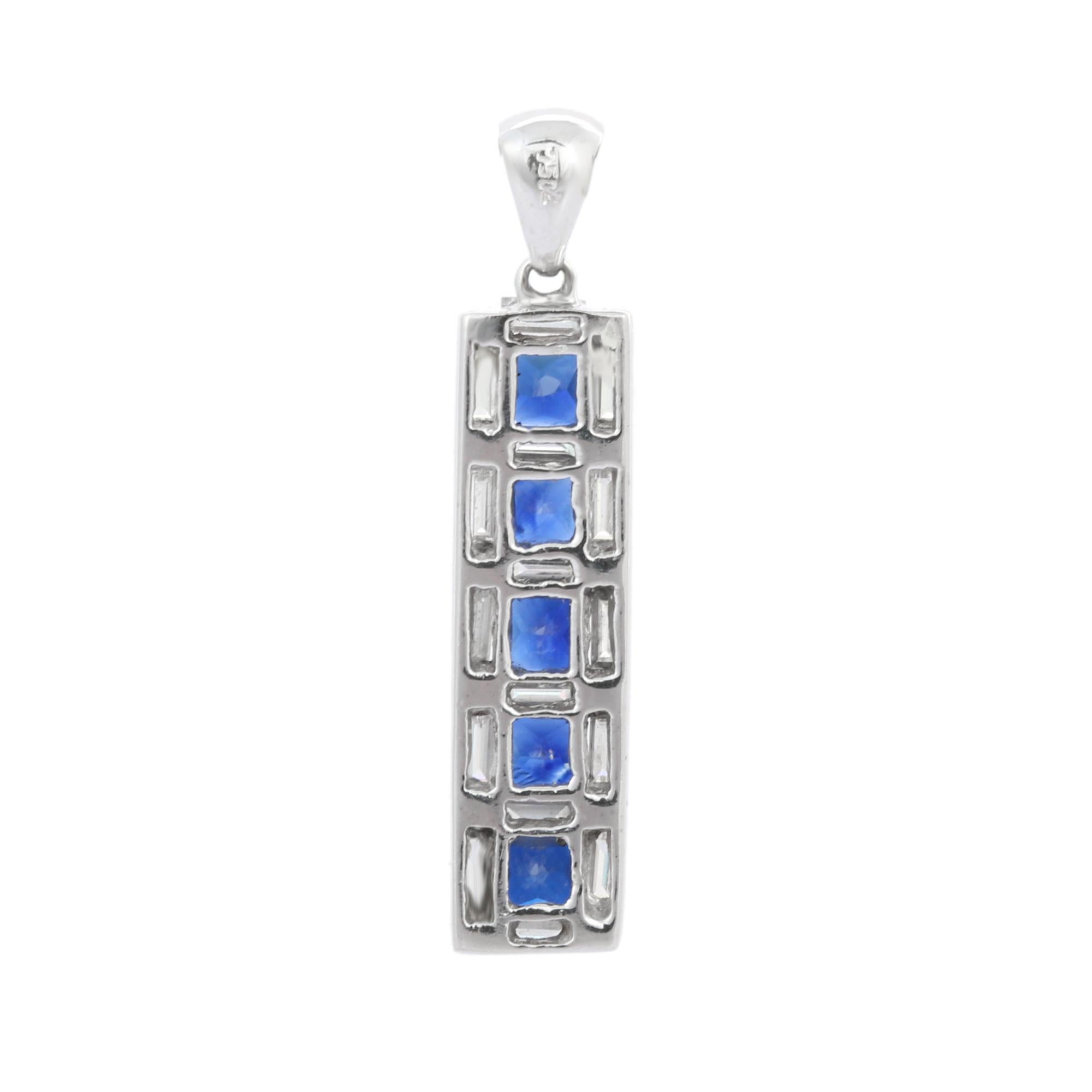 Modern Blue Sapphire Square Cut Bar Pendant in 18K Solid White Gold with Diamonds  For Sale