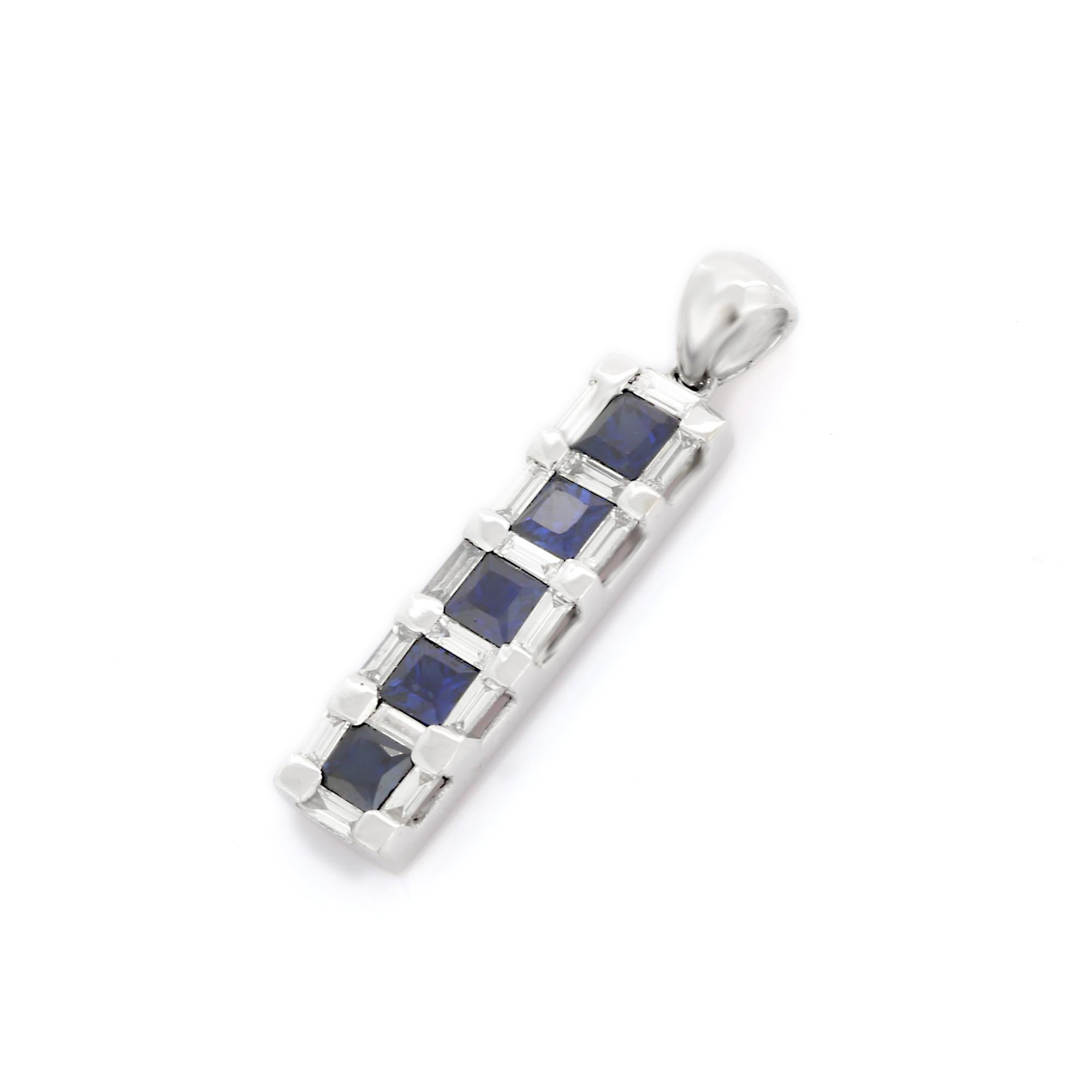 Blue Sapphire Square Cut Bar Pendant in 18K Solid White Gold with Diamonds  In New Condition For Sale In Houston, TX
