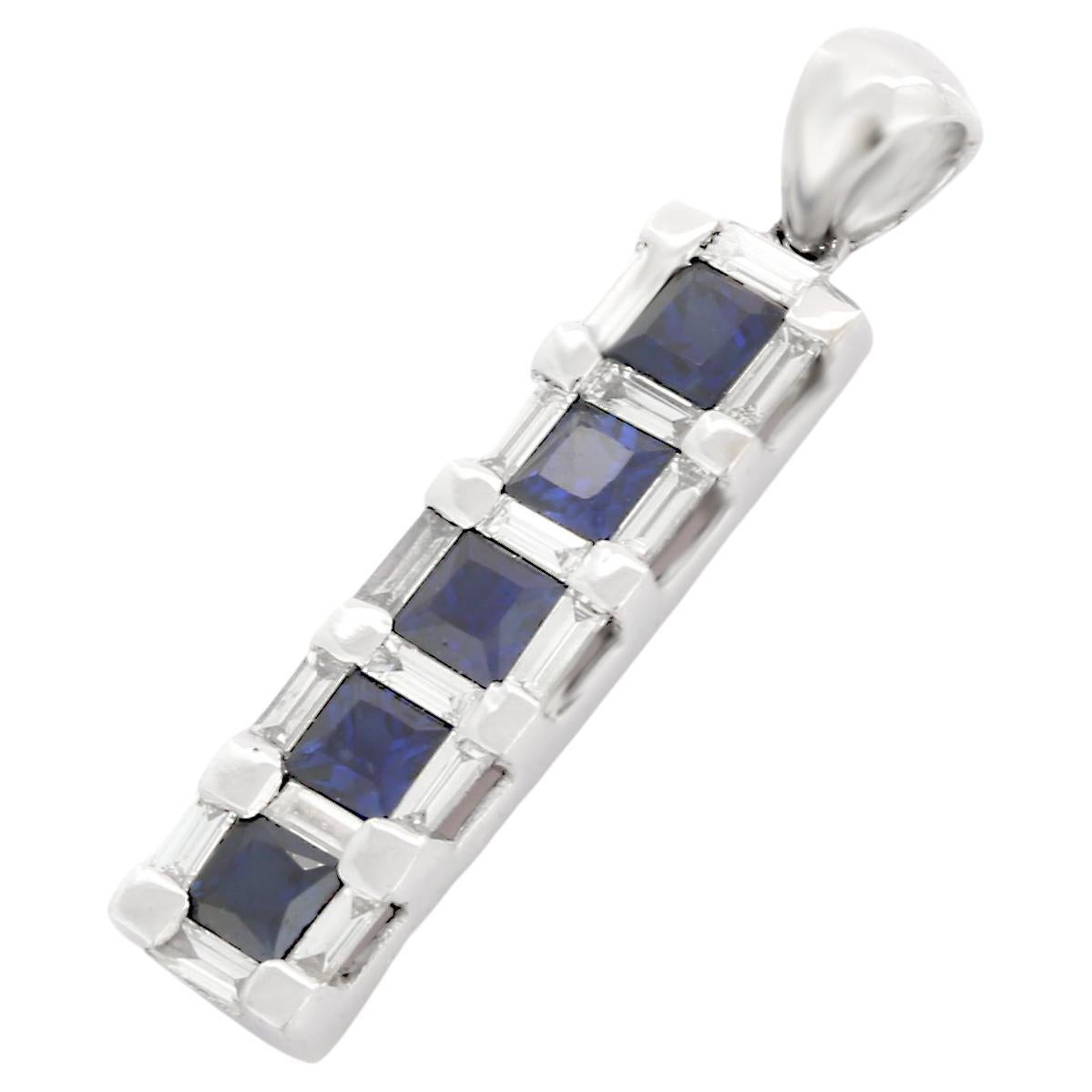 Blue Sapphire Square Cut Bar Pendant in 18K Solid White Gold with Diamonds  For Sale