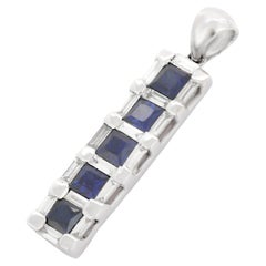 Blue Sapphire Square Cut Bar Pendant in 18K Solid White Gold with Diamonds 