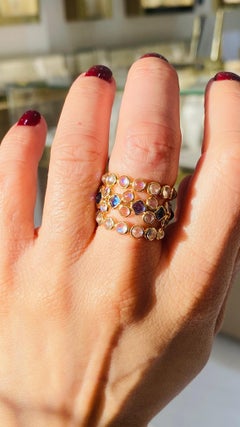 Blue Sapphire Square & Rainbow Moonstone Round Ring In 18K Yellow Gold