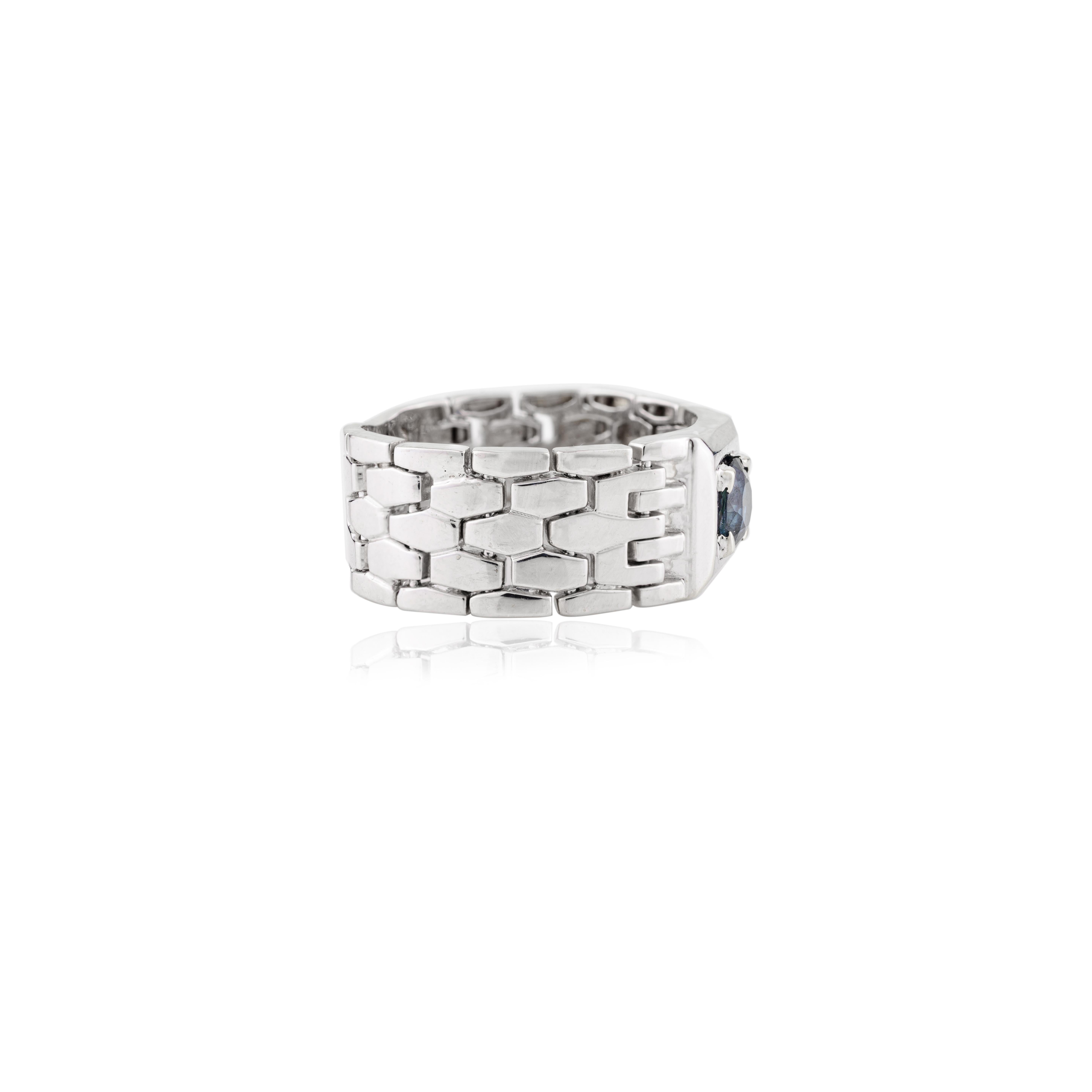 For Sale:  Everyday Blue Sapphire Flexible Chain Men's Ring in 18k Solid White Gold 5