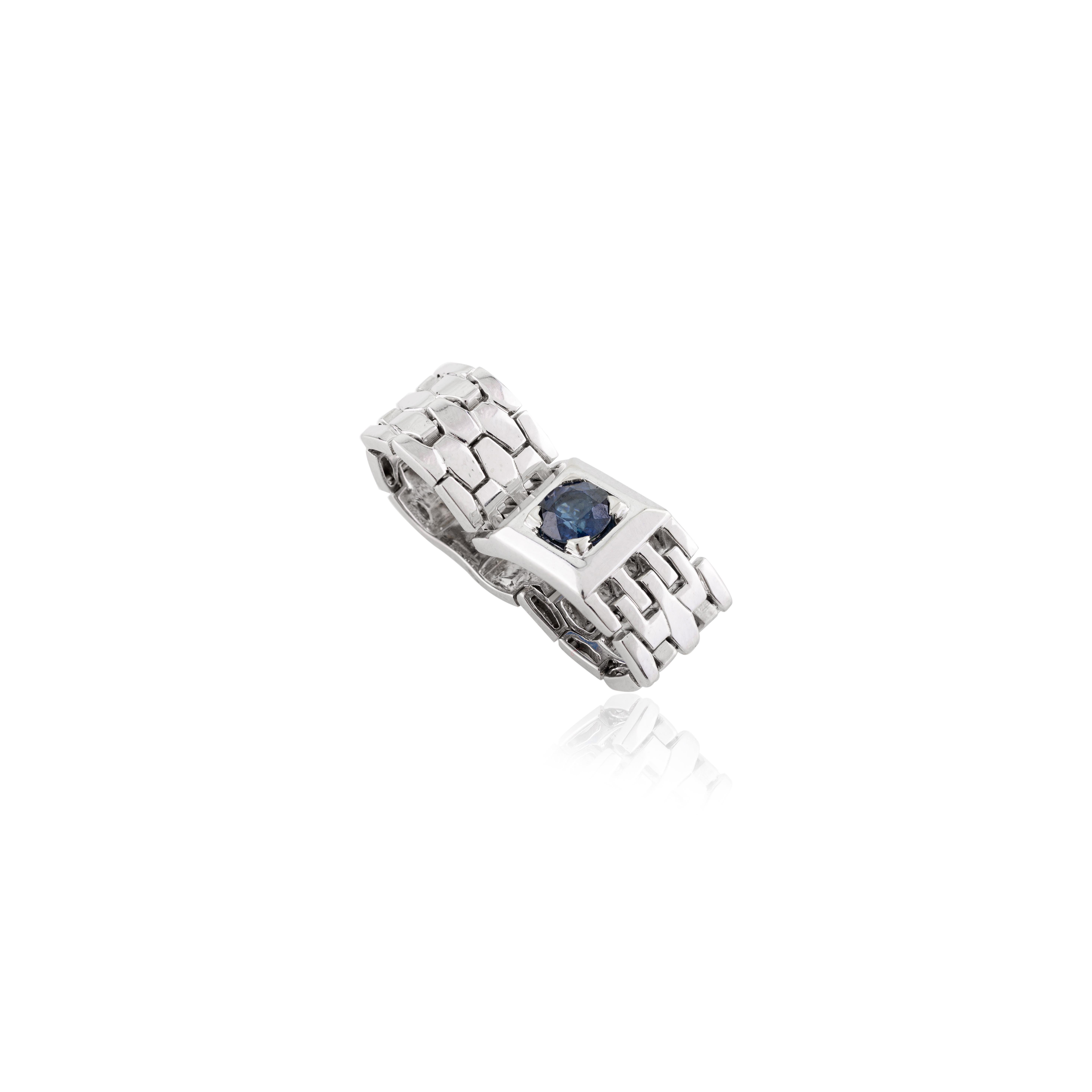 For Sale:  Everyday Blue Sapphire Flexible Chain Men's Ring in 18k Solid White Gold 8