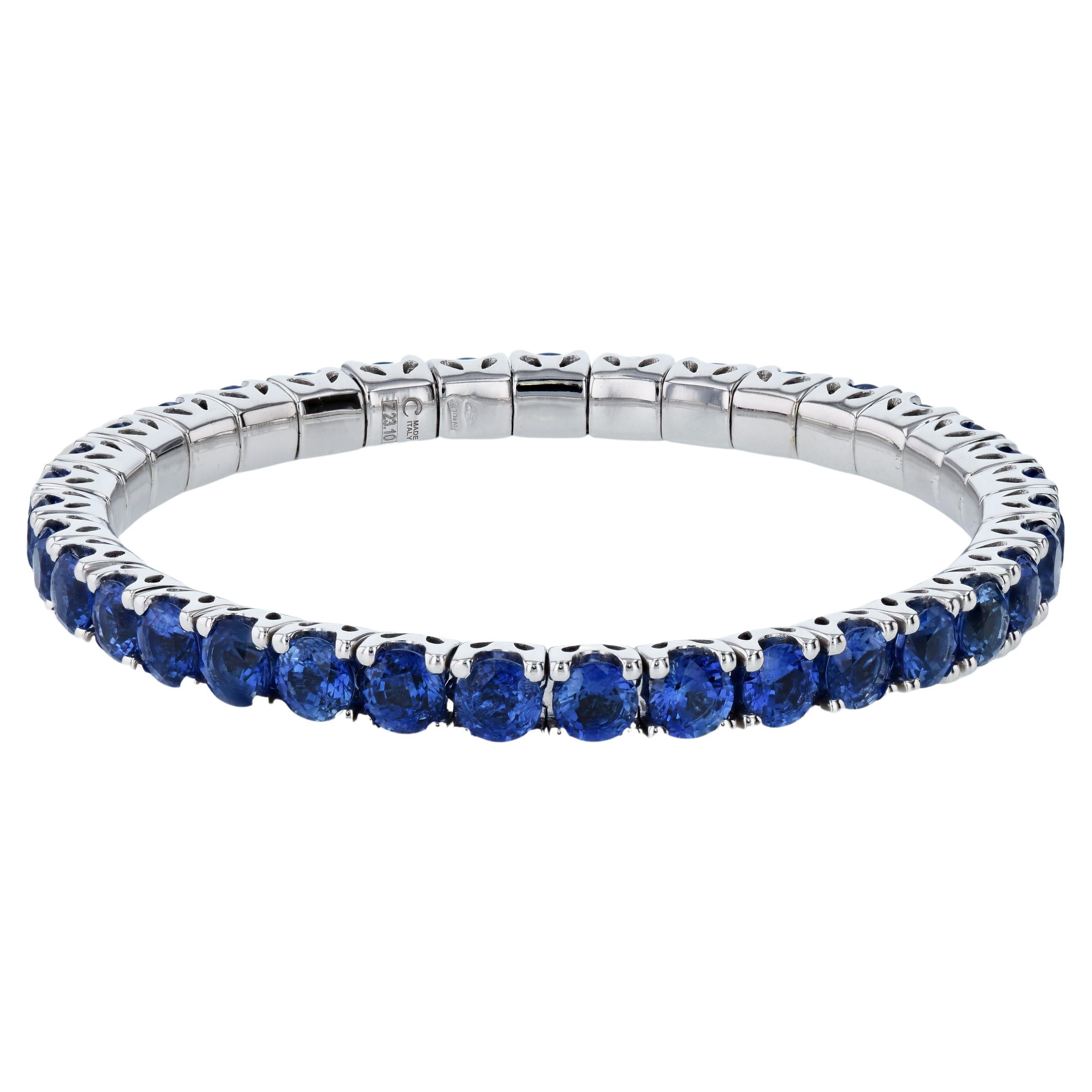 Blue Sapphire Stretchy Tennis Bracelet 18 Karat White Gold Prong Set