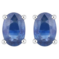 Blue Sapphire Stud Earrings 0.94 Carats 14K White Gold