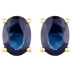 Blue Sapphire Stud Earrings 1.88 Carats 10K Yellow Gold