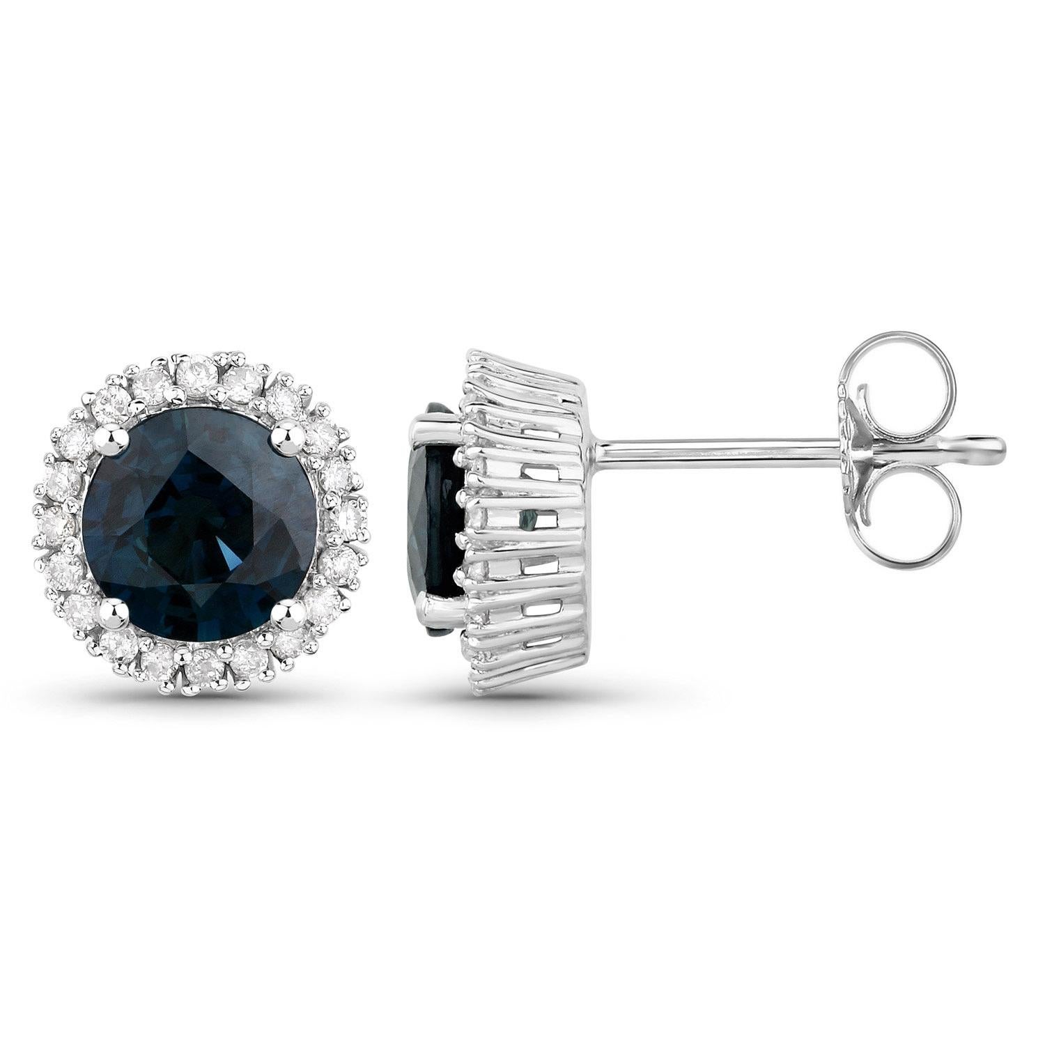 Contemporary Blue Sapphire Stud Earrings Diamond Halo 2.2 Carats 14K White Gold For Sale