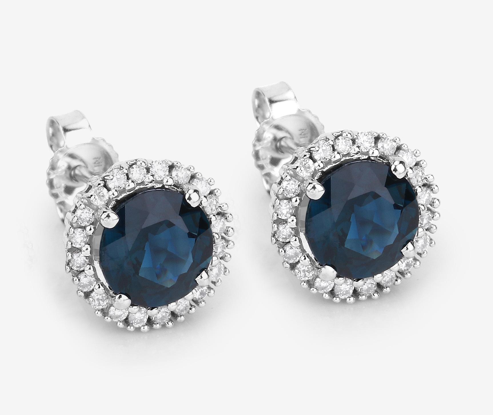 Round Cut Blue Sapphire Stud Earrings Diamond Halo 2.2 Carats 14K White Gold For Sale