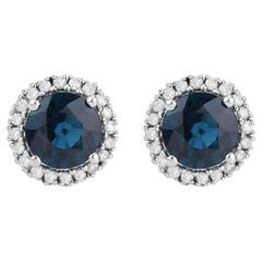 Blue Sapphire Stud Earrings Diamond Halo 2.2 Carats 14K White Gold