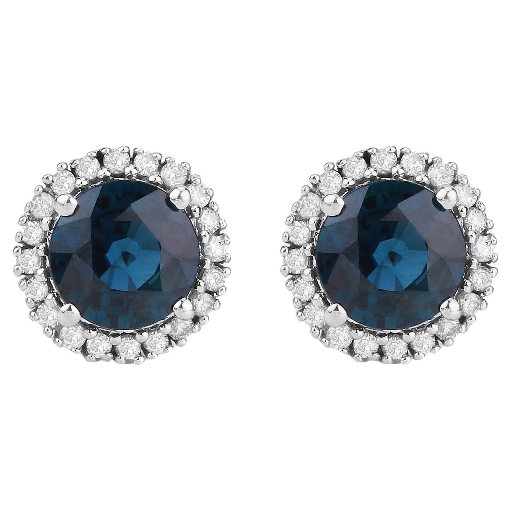 Blue Sapphire & White Diamonds Pave Halo Set 14K White Gold Statement Earrings