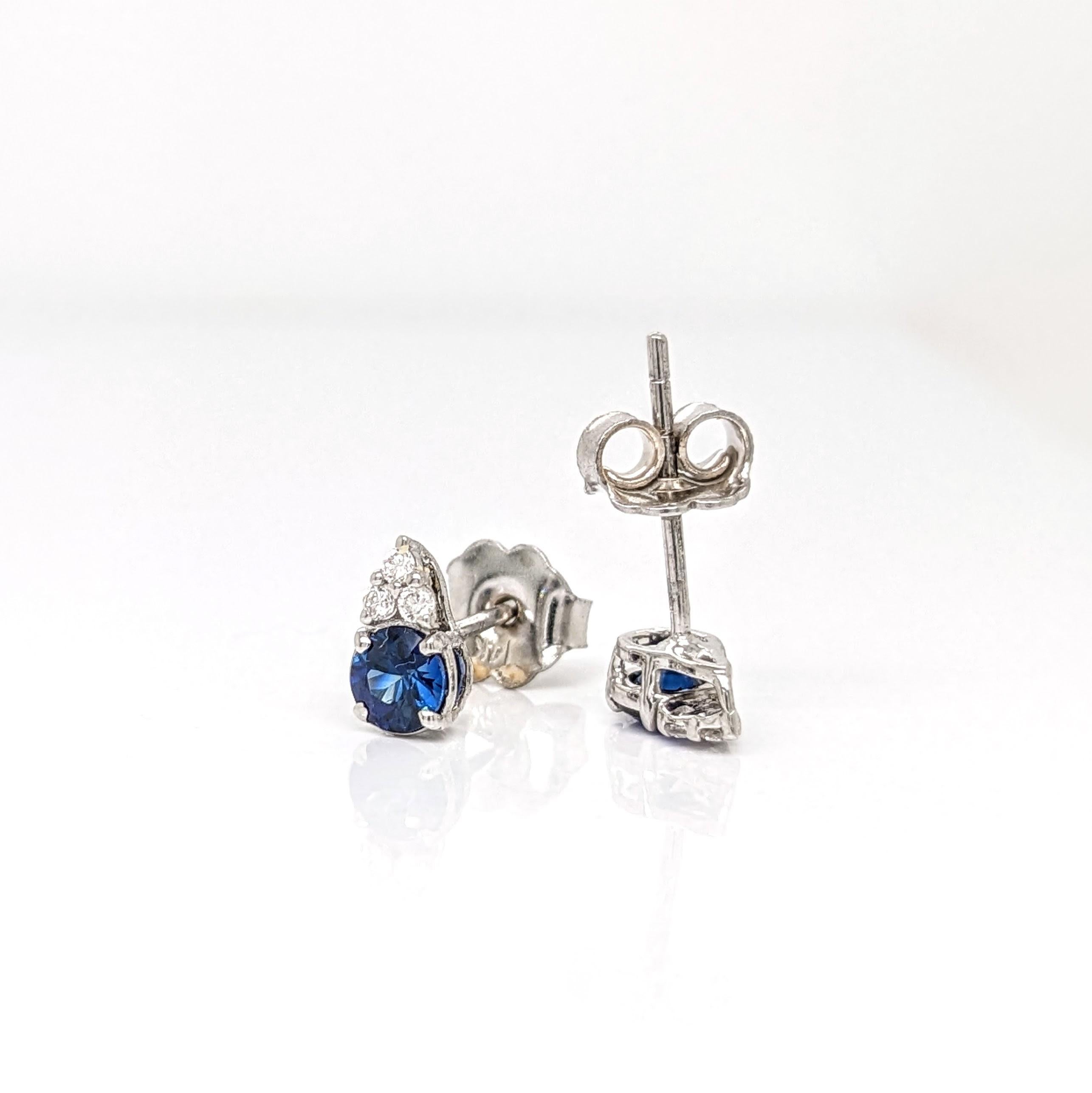 Modern Blue Sapphire Stud Earrings w Earth Mined Diamonds in Solid 14K Gold Round 3.5mm