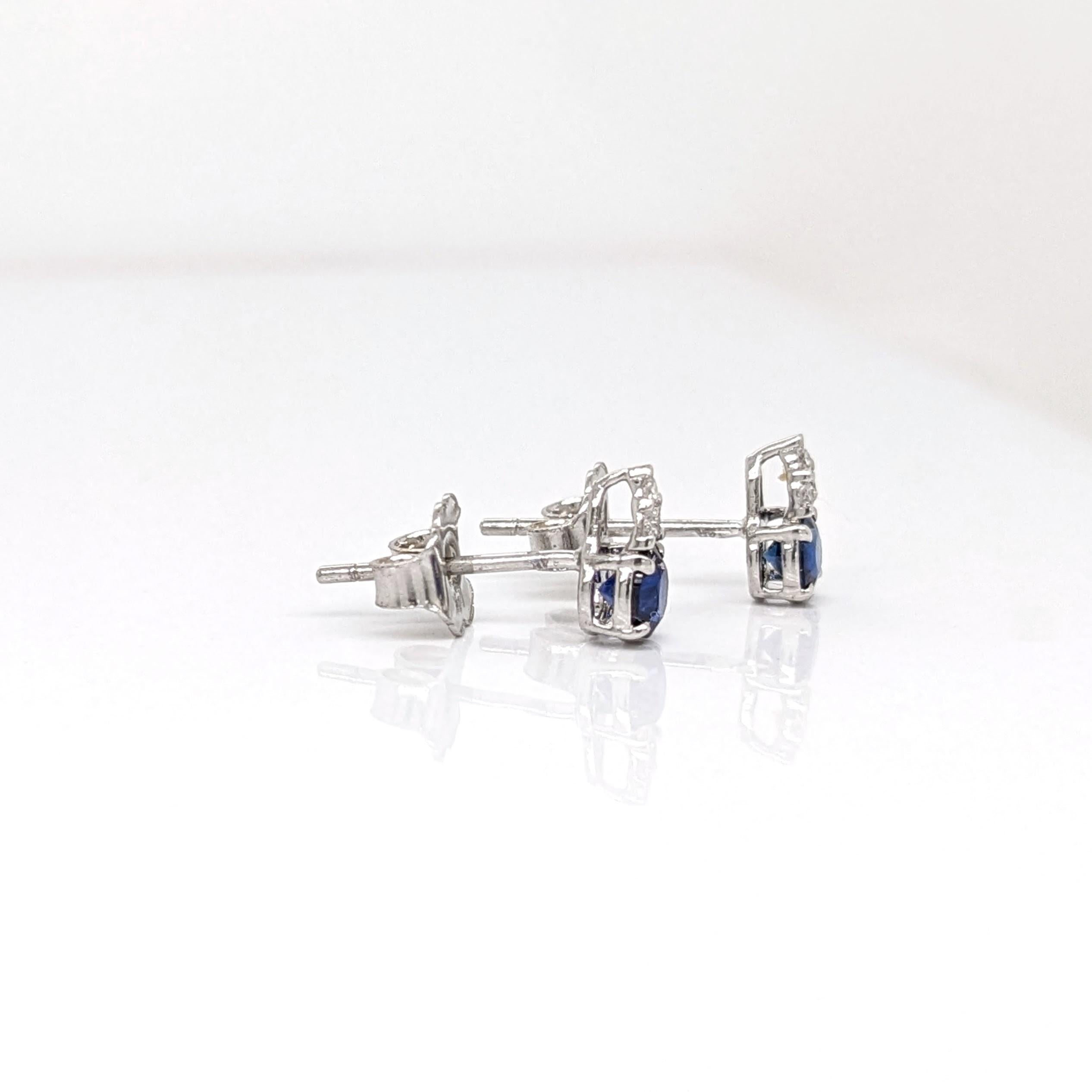 Blue Sapphire Stud Earrings w Earth Mined Diamonds in Solid 14K Gold Round 3.5mm In New Condition In Columbus, OH