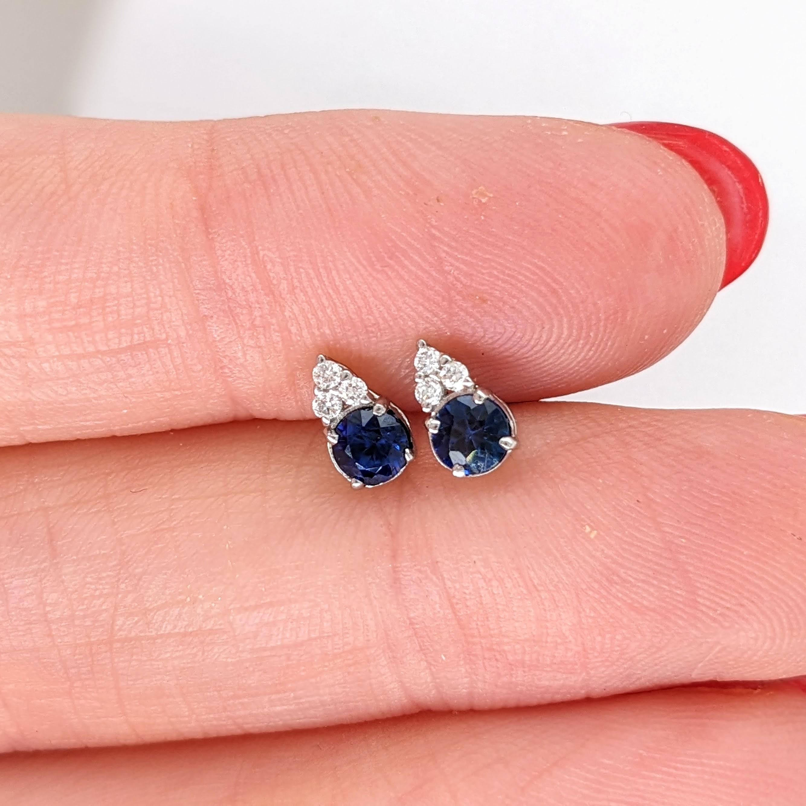 Women's Blue Sapphire Stud Earrings w Earth Mined Diamonds in Solid 14K Gold Round 3.5mm