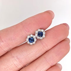 Blue Sapphire Stud Earrings w Earth Mined Diamonds in Solid 14K Gold Round 4mm