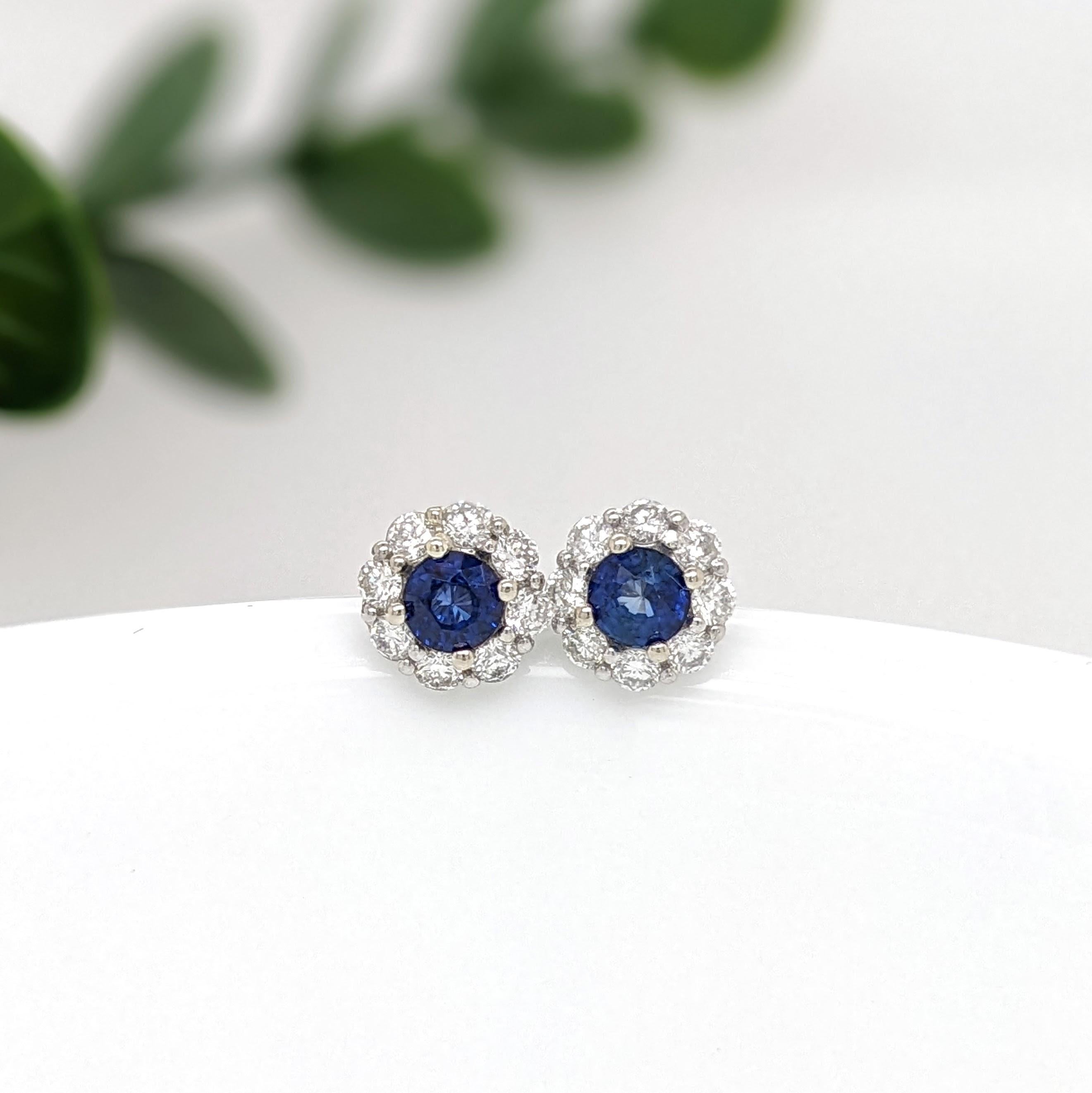 Modern Blue Sapphire Stud Earrings w Earth Mined Diamonds in Solid 14K Gold Round 4mm For Sale