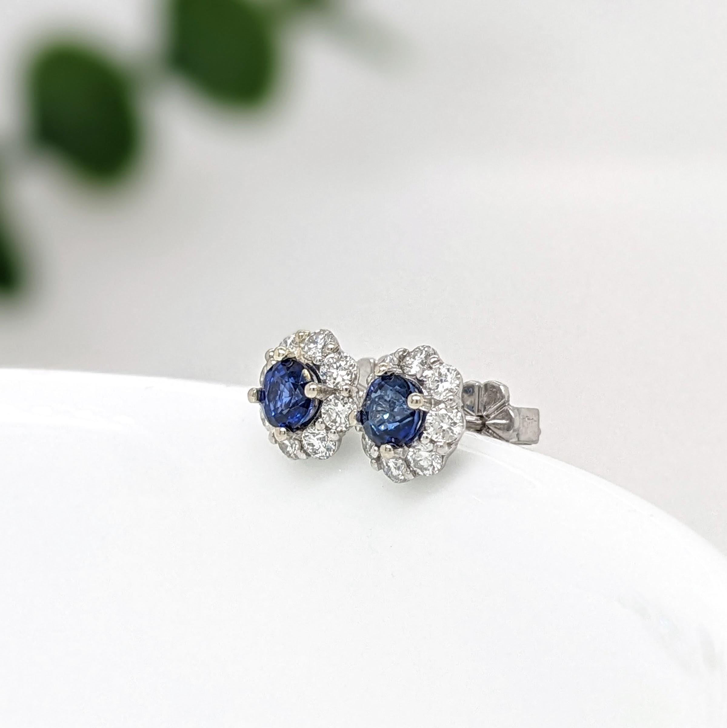 Round Cut Blue Sapphire Stud Earrings w Earth Mined Diamonds in Solid 14K Gold Round 4mm For Sale