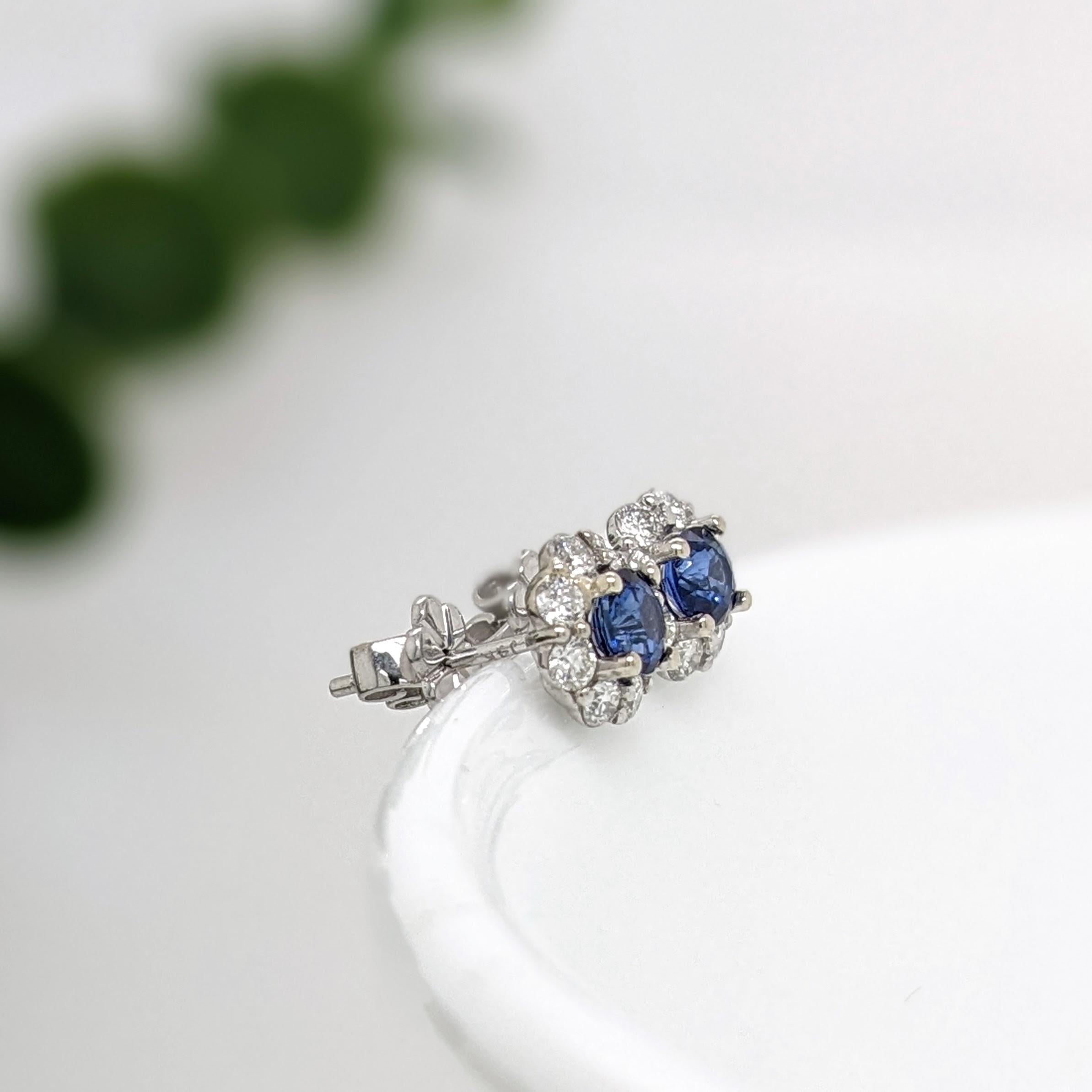 Blue Sapphire Stud Earrings w Earth Mined Diamonds in Solid 14K Gold Round 4mm In New Condition For Sale In Columbus, OH