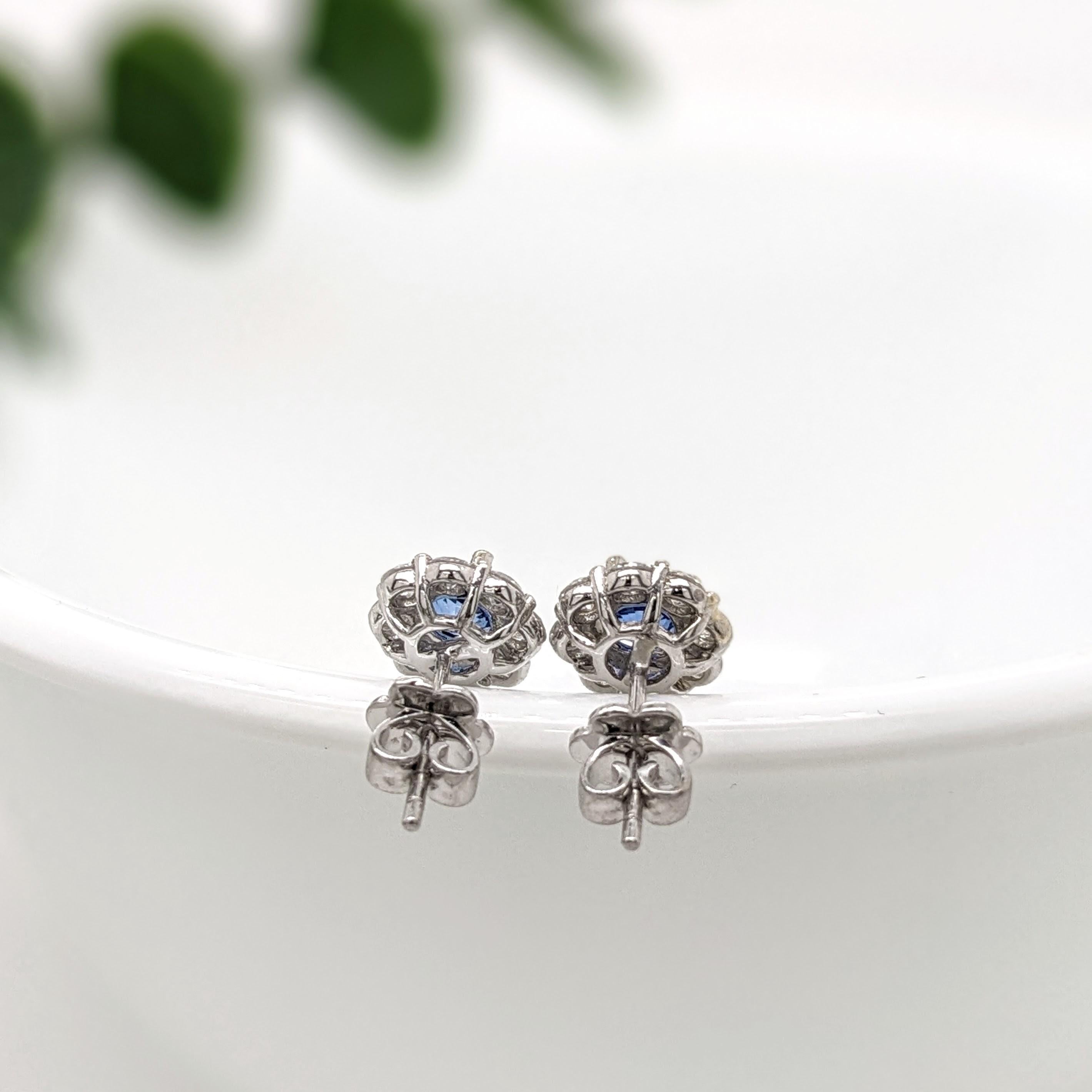 Women's Blue Sapphire Stud Earrings w Earth Mined Diamonds in Solid 14K Gold Round 4mm For Sale