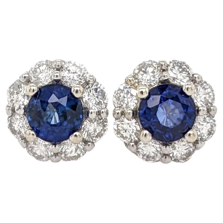 Blue Sapphire Stud Earrings w Earth Mined Diamonds in Solid 14K Gold Round 4mm