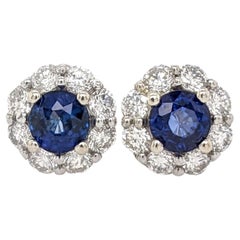 Blauer Saphir Ohrstecker w Erde abgebaut Diamanten in massivem 14K Gold Runde 4mm