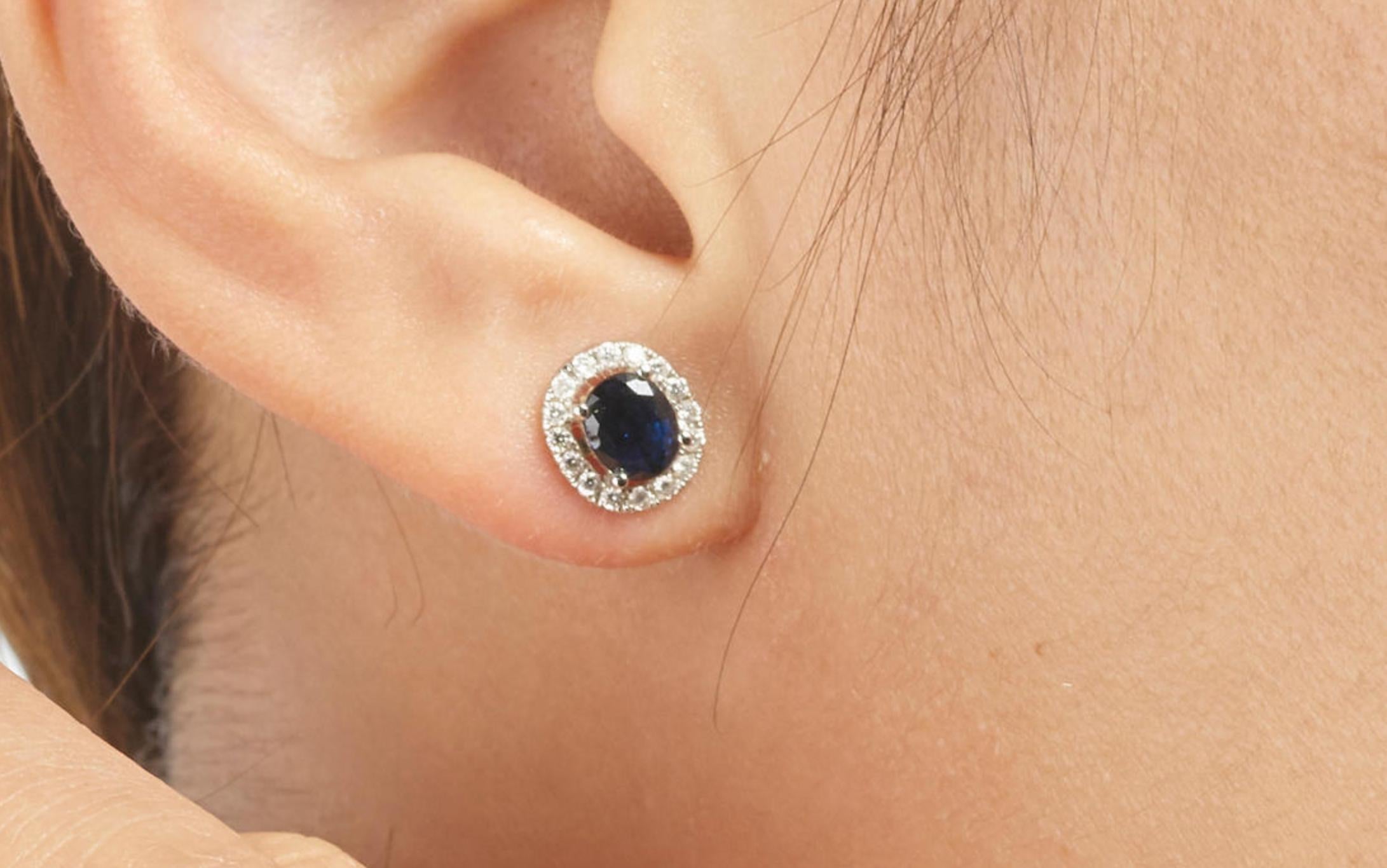 Oval Cut Blue Sapphire Stud Earrings with Diamonds For Sale