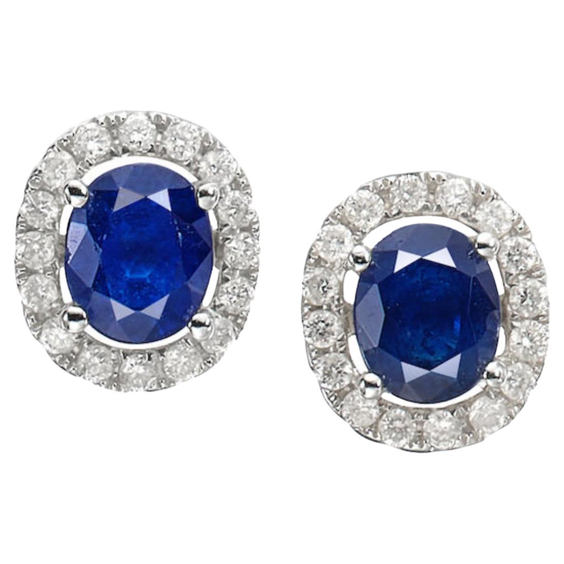 Blue Sapphire Stud Earrings with Diamonds For Sale