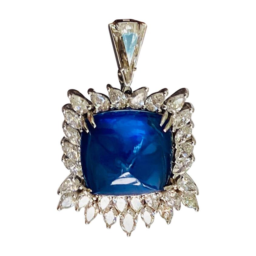 Blue Sapphire Sugar Loaf and Diamond Pendant For Sale at 1stDibs