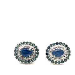 Blue Sapphire surrounded with Green Sapphire Earrings in Sterling Silver