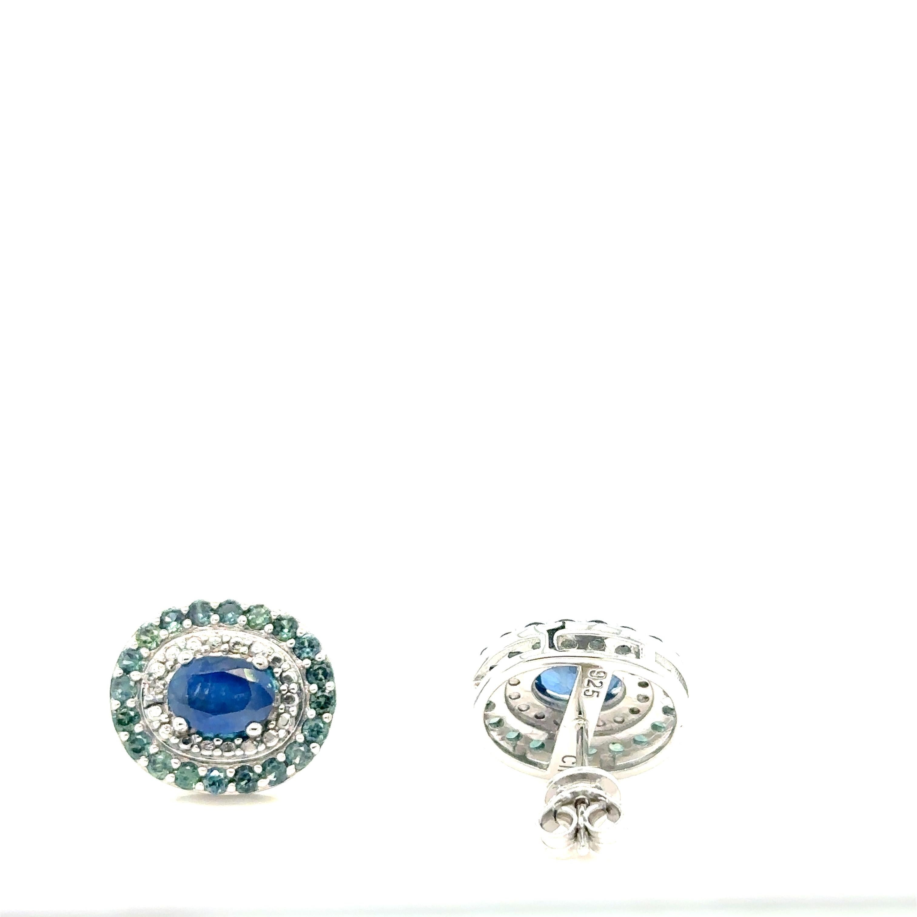 Modern Blue Sapphire surrounded with Green Sapphire Earrings in Sterling Silver For Sale