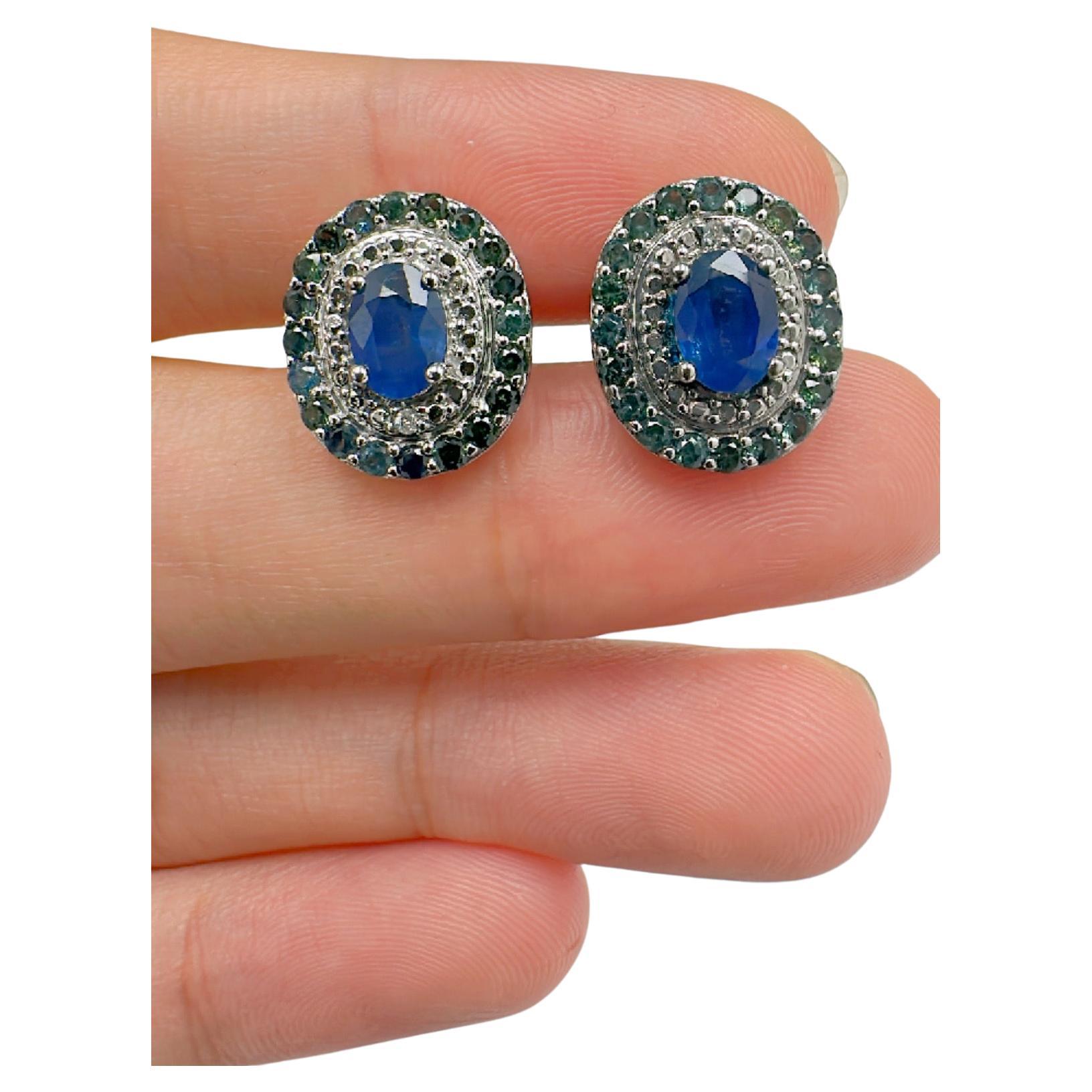 Oval Cut Blue Sapphire surrounded with Green Sapphire Earrings in Sterling Silver For Sale