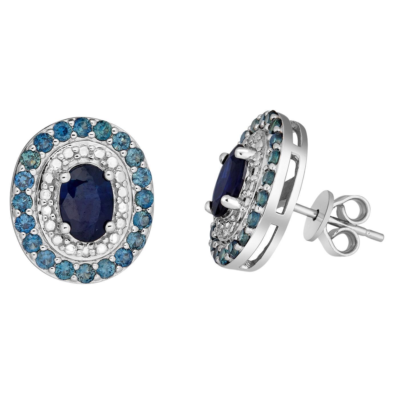 Blue Sapphire surrounded with Green Sapphire Earrings in Sterling Silver For Sale