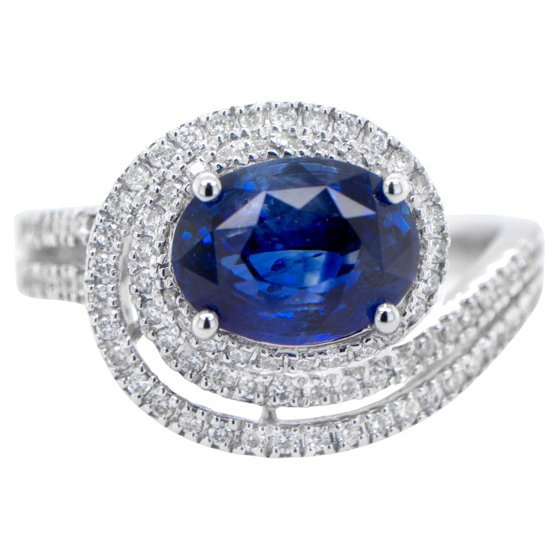 Blue Sapphire Swirl Ring With Diamonds 2.40 Carats 18K Gold For Sale