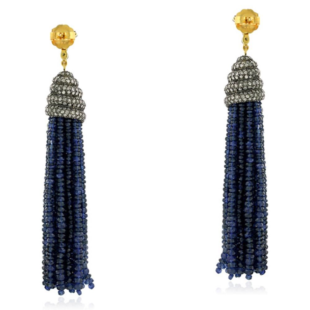 Art déco Boucles d'oreilles à pompon en saphir bleu serti de diamants pavés en forme de serpent en vente