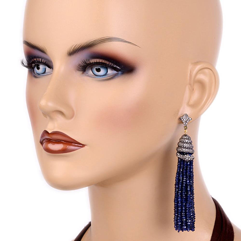 Art Deco Blue sapphire Tassel Earring With Pave Diamonds In Snake Shape Setting For Sale