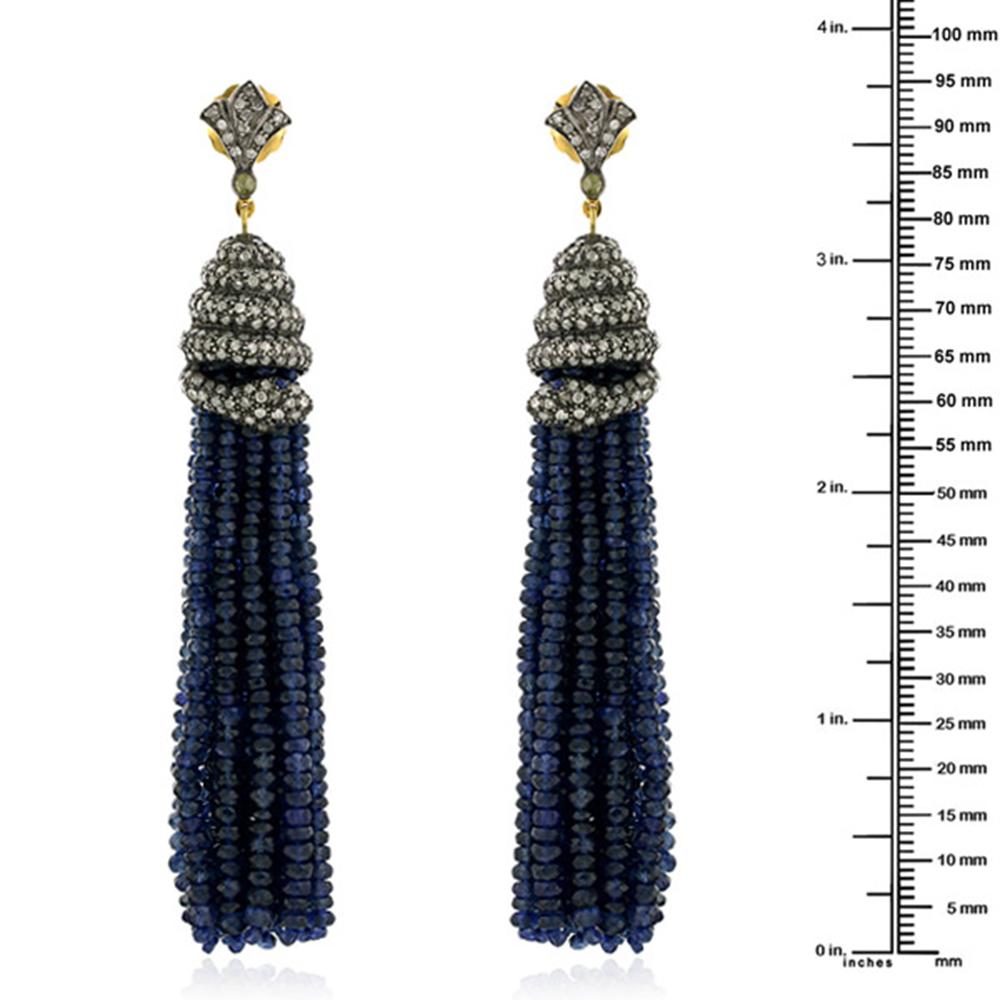 Round Cut Blue sapphire Tassel Earring With Pave Diamonds In Snake Shape Setting For Sale