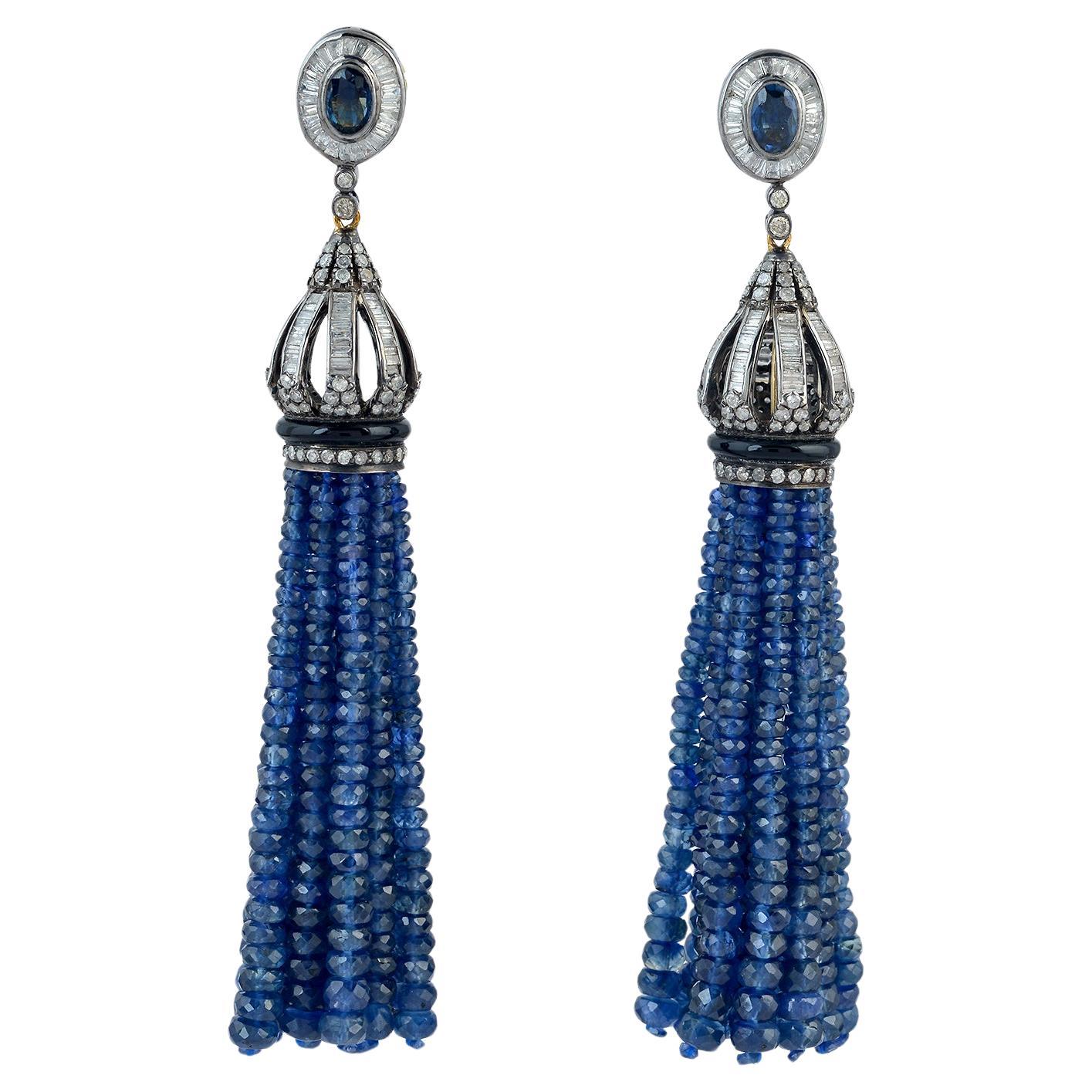 Blue Sapphire Tassel Earrings With Onyx & Diamonds Made In 18k Gold & Silver