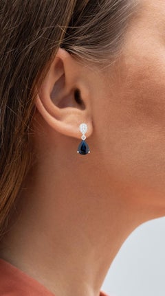 Blue Sapphire Teardrop Earrings Diamonds 2.7 Carats 14K White Gold