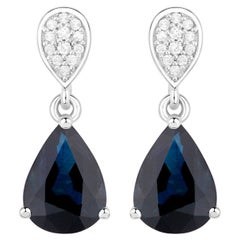 Boucles d'oreilles saphir bleu en forme de goutte d'eau Diamants 2.7 Carats Or blanc 14K