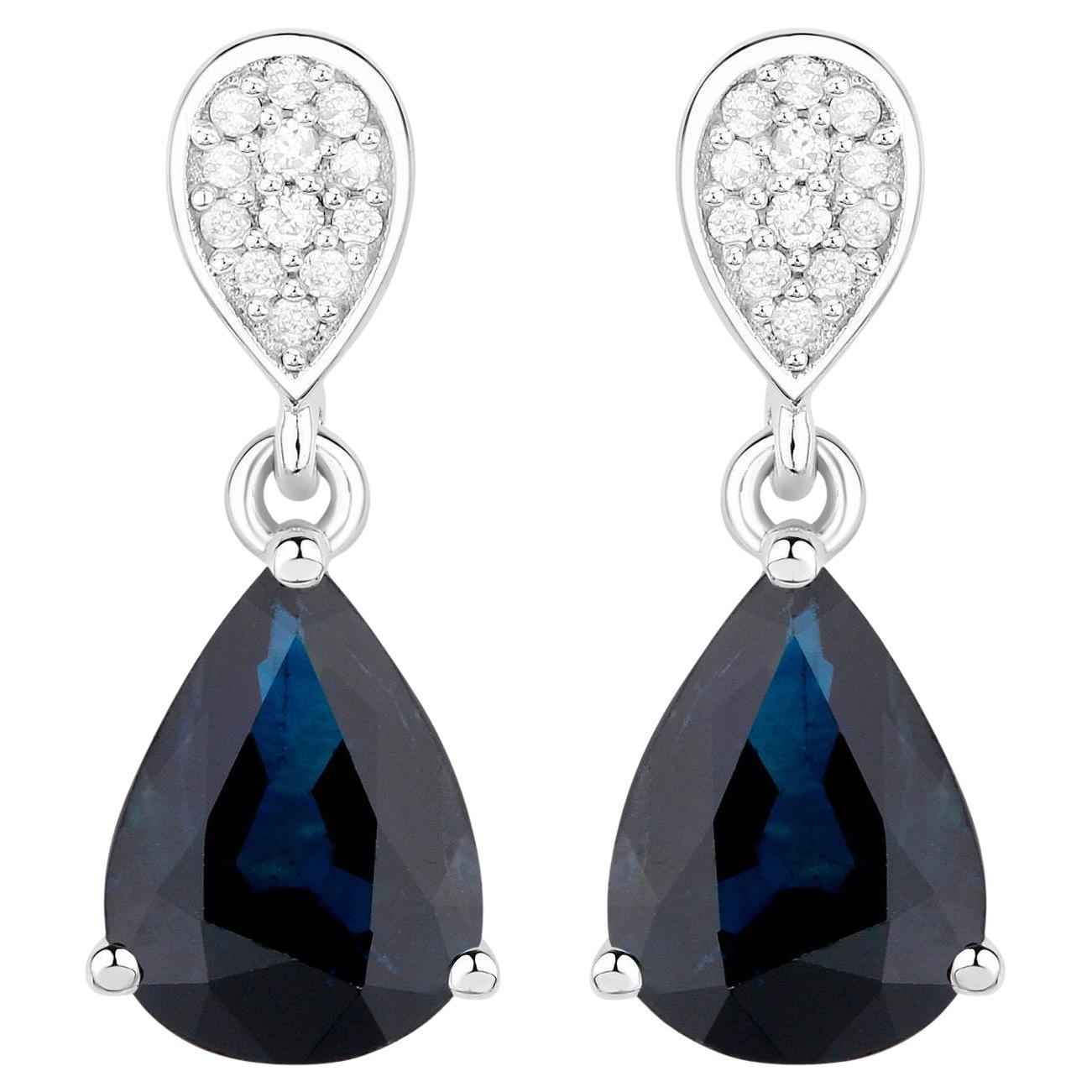 Blue Sapphire Teardrop Earrings Diamonds 2.7 Carats 14K White Gold For Sale