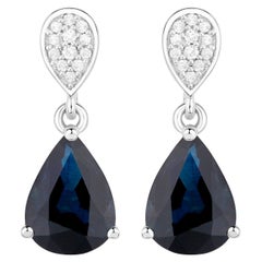 Blue Sapphire Teardrop Earrings Diamonds 2.7 Carats 14K White Gold
