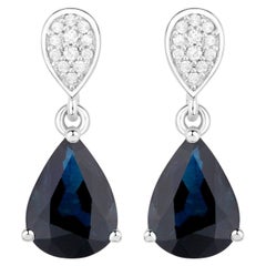 Blue Sapphire Teardrop Earrings Diamonds 2.7 Carats 14K White Gold