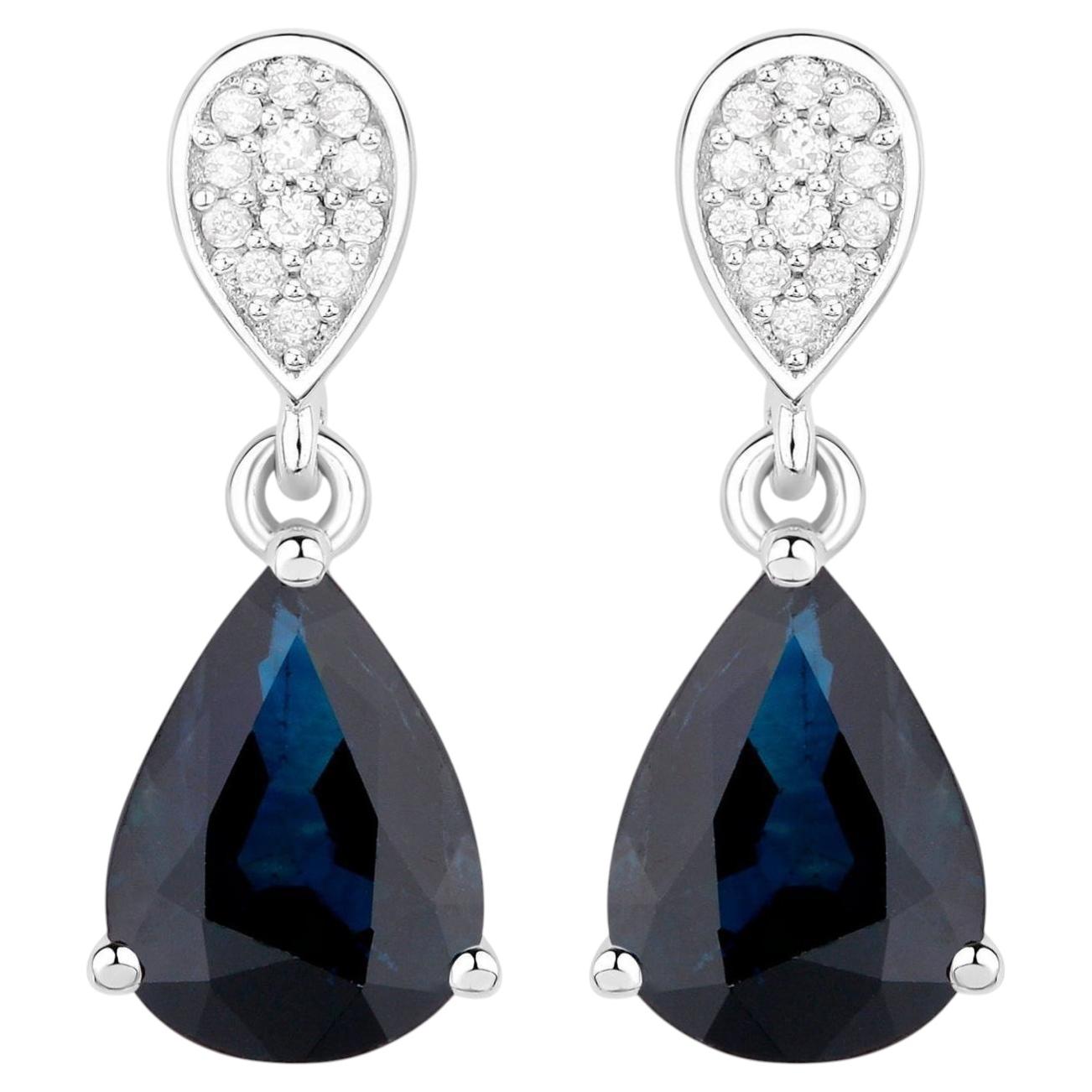 Blue Sapphire Teardrop Earrings Diamonds 2.7 Carats 14K White Gold