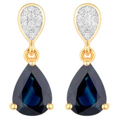 Blue Sapphire Teardrop Earrings Diamonds 2.7 Carats 14K Yellow Gold