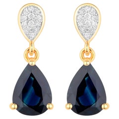 Blue Sapphire Teardrop Earrings Diamonds 2.7 Carats 14K Yellow Gold