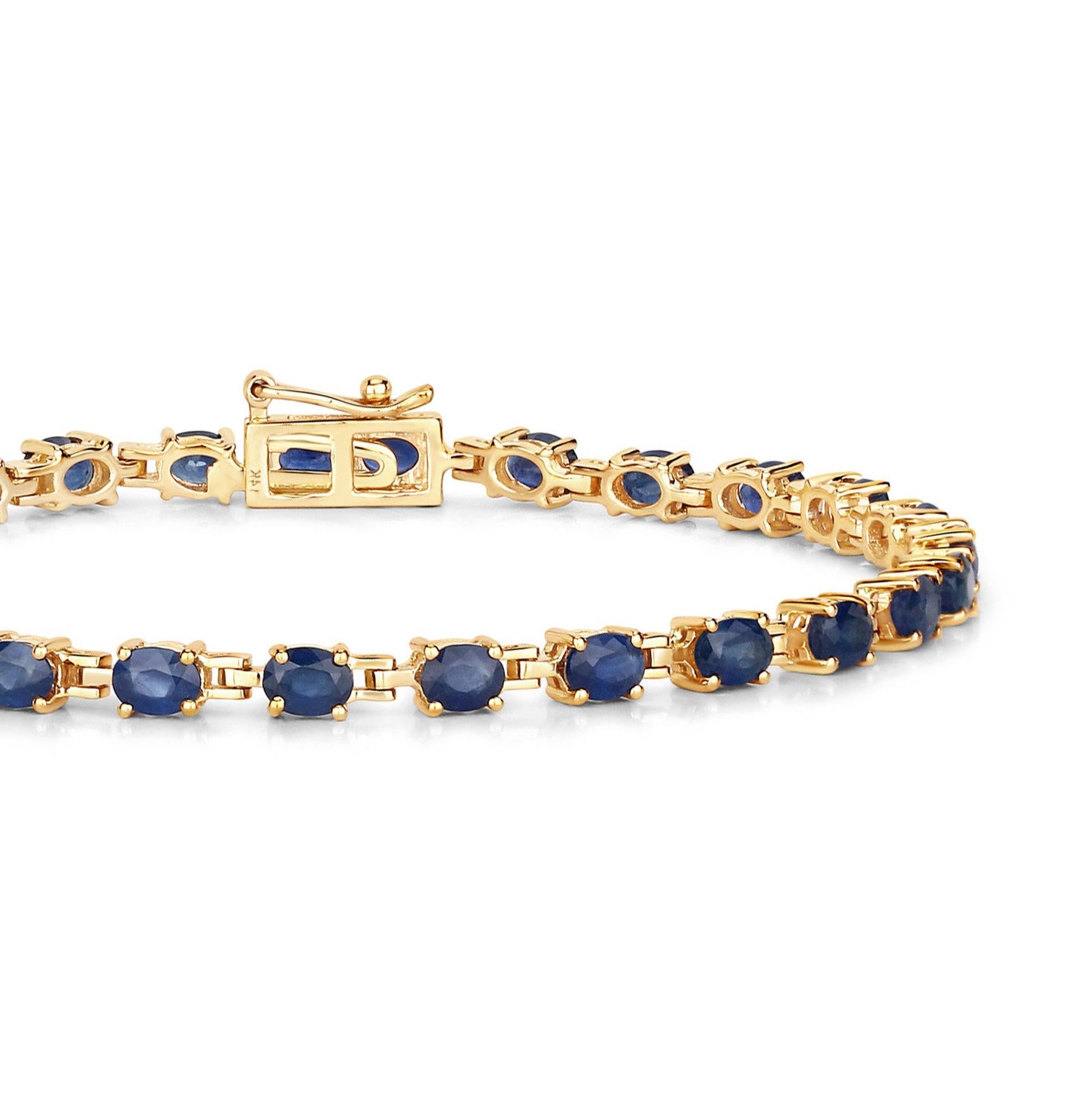 Oval Cut Blue Sapphire Tennis Bracelet 5.60 Carats 14K Yellow Gold For Sale