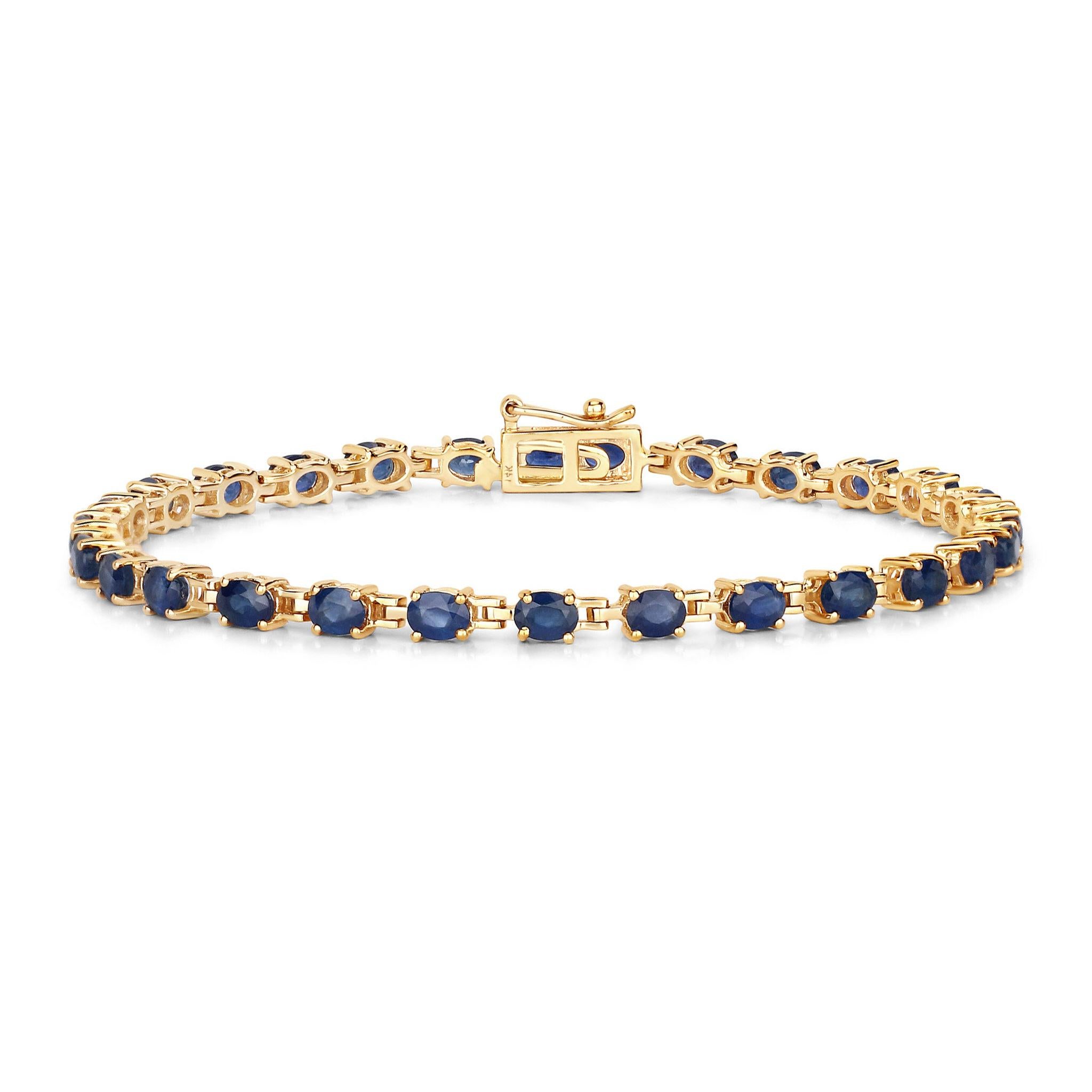 Blue Sapphire Tennis Bracelet 5.60 Carats 14K Yellow Gold In Excellent Condition For Sale In Laguna Niguel, CA